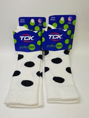 2pk TCK White w/ Black Polka Dot Mid-calf Socks Small, Kids Shoe Sz 3-6, Wmn 4-7